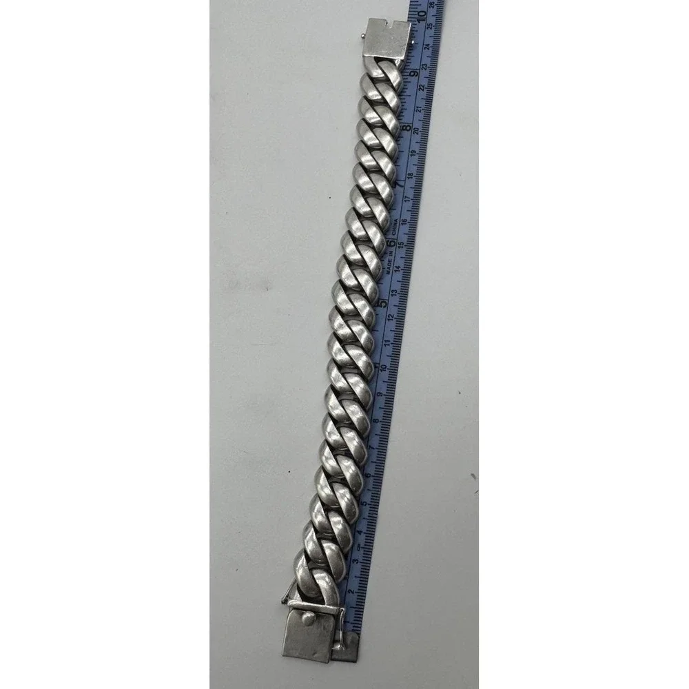 Vintage Heavy 183g Curb Link Chain Bracelet Silver Tone 22mm Wide 9.5in Clasp